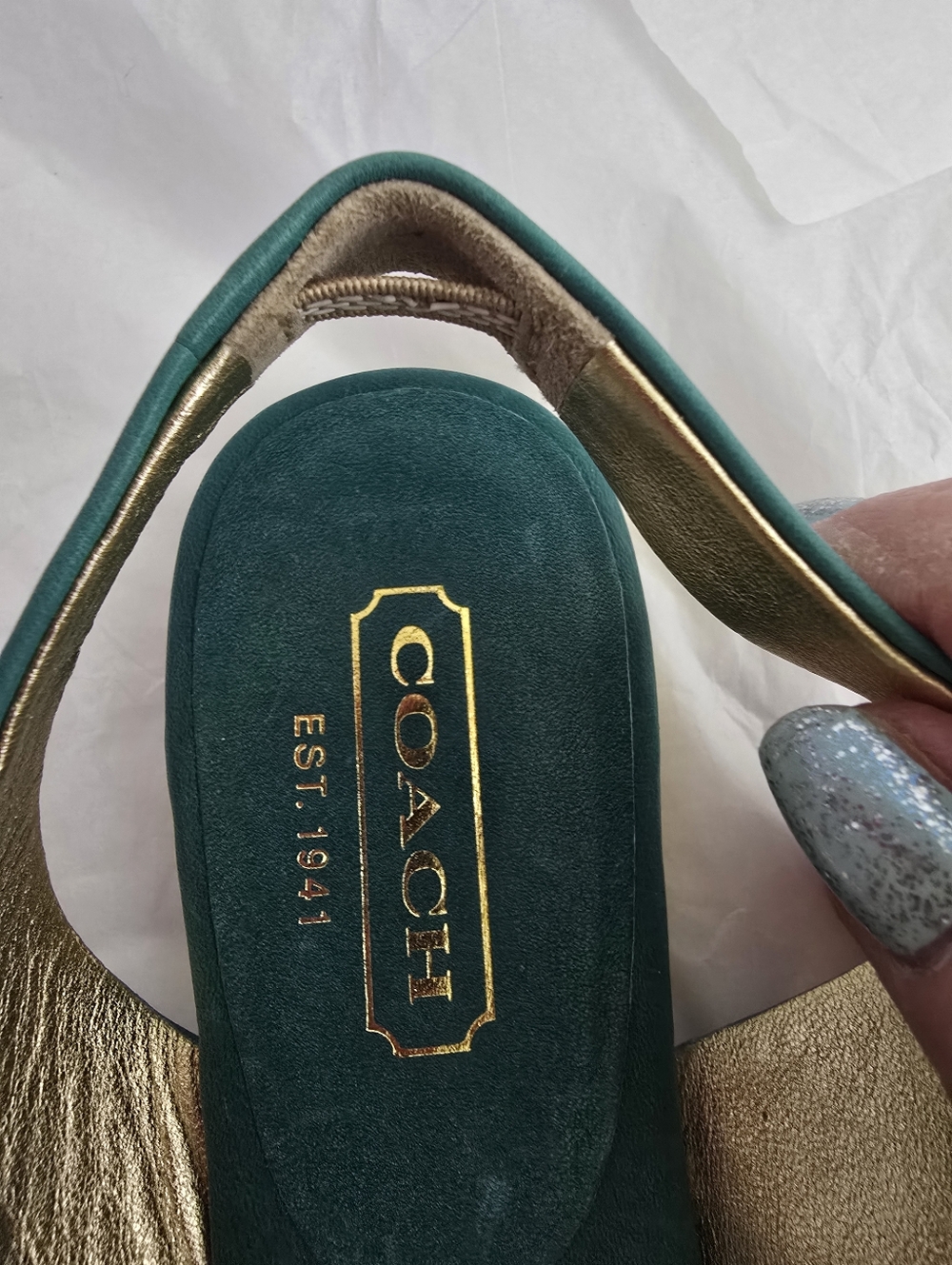 COACH Est. 1941 Teal Green Leather Floral Slingback Peep Toe Heels - Sz 8.5 NWOB - Picture 5 of 11